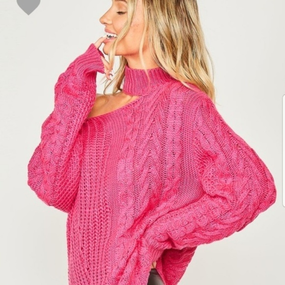 NWT One Shoulder Mock Neck Cable Knit Sweater in Tan, S - Picture 5 of 9